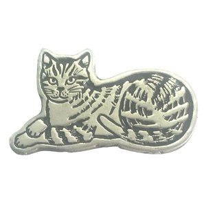Unique Signed Vintage Pewter Tabby Cat Brooch